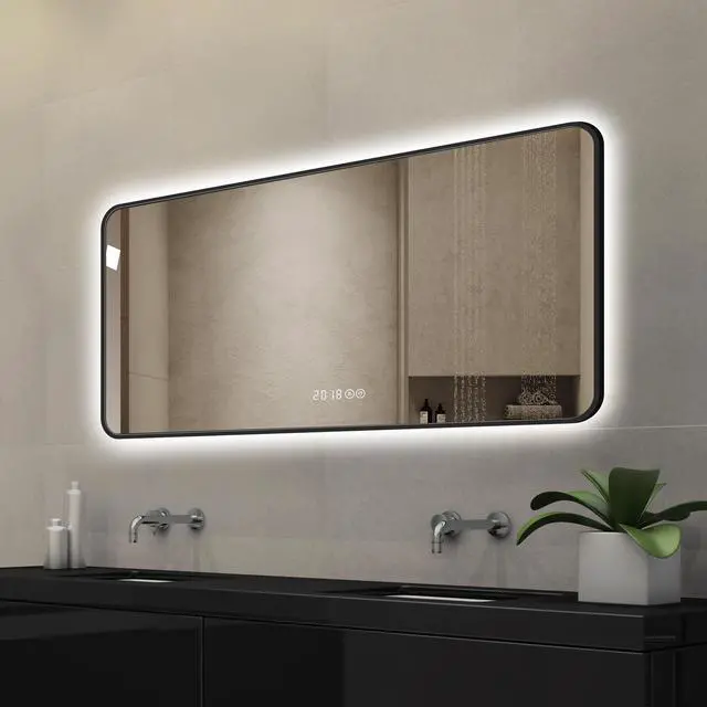 Alt view image 5 of 7 - 48*24 inch Black frame wall mirror with rounded corners vanity mirror, temperature display, tri color light, defogging, high-quality aluminum alloy frame, high-definition tempered glass
