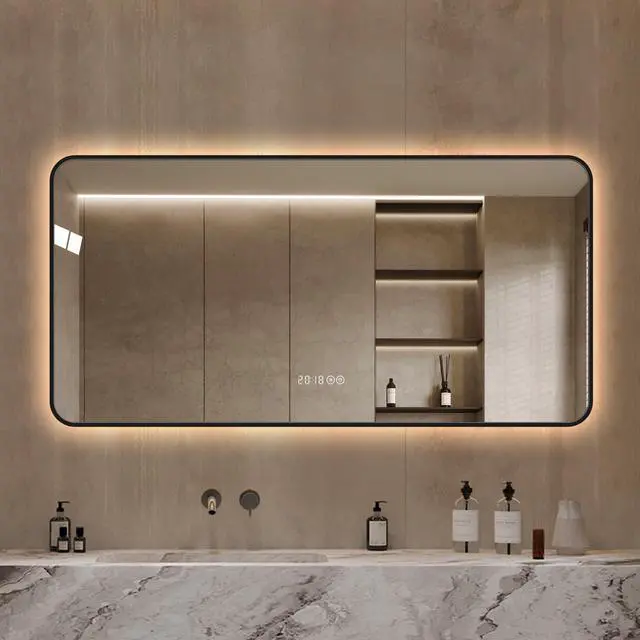 Alt view image 4 of 7 - 48*24 inch Black frame wall mirror with rounded corners vanity mirror, temperature display, tri color light, defogging, high-quality aluminum alloy frame, high-definition tempered glass
