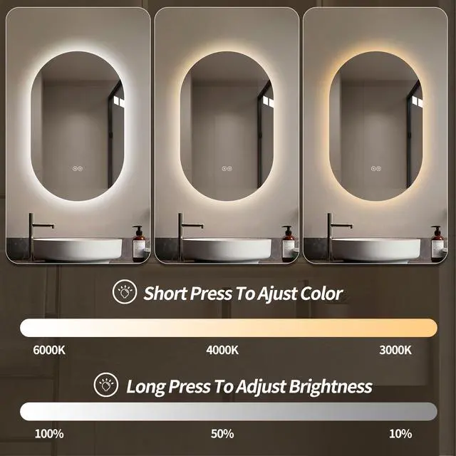 Alt view image 7 of 7 - 24 in. x 36 in. Capsule LED Backlit Bathroom Mirror with Anti-Fog, 3-Color Temperature, Stepless Dimming, Memory Function, IP44 Waterproof, Horizontal or Vertical Mount