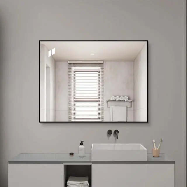 Main image of 24*32 inch Black Aluminum Framed Bathroom Mirror, HD Copper-Free Silver Wall Mirror, Horizontal & Vertical Hanging Vanity Mirror for Bathroom, Entryway & Dressing Room