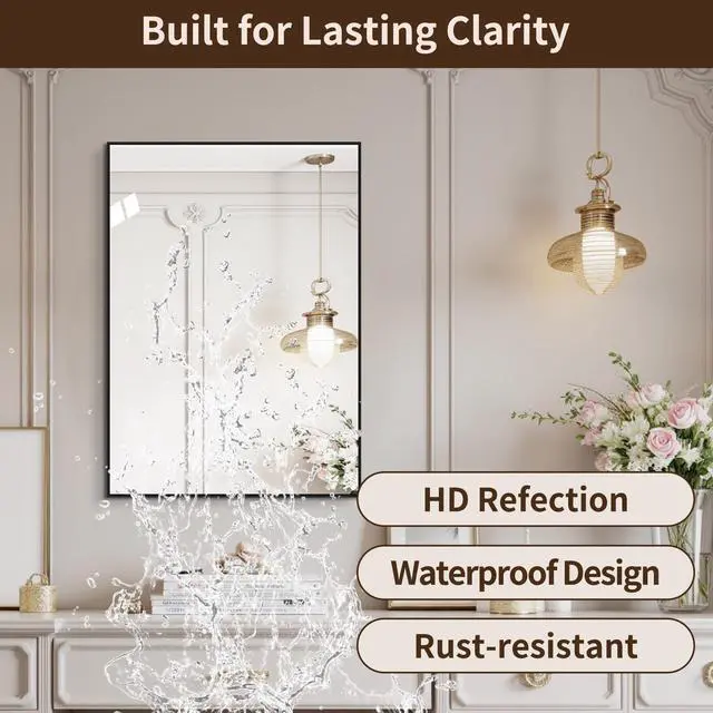 Alt view image 7 of 7 - 24*32 inch Black Aluminum Framed Bathroom Mirror, HD Copper-Free Silver Wall Mirror, Horizontal & Vertical Hanging Vanity Mirror for Bathroom, Entryway & Dressing Room