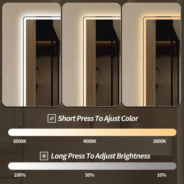 Alt view image 6 of 7 - 30" x 36" Frameless Front-Lit LED Bathroom Mirror with Anti-Fog, 3 Color Temperatures, Stepless Dimming, Smart Memory Function, Shatter-Resistant Backing, UL Certified, IP44 Waterproof