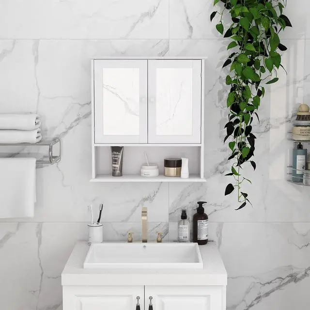 Alt view image 2 of 7 - Bathroom Wall Cabinet with Doule Mirror Doors and Shelvs