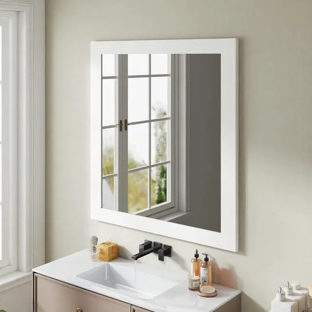 Alt view image 3 of 6 - Revitalize Your Bathroom with This Exquisite 32-inch Square Matte White Mirror!