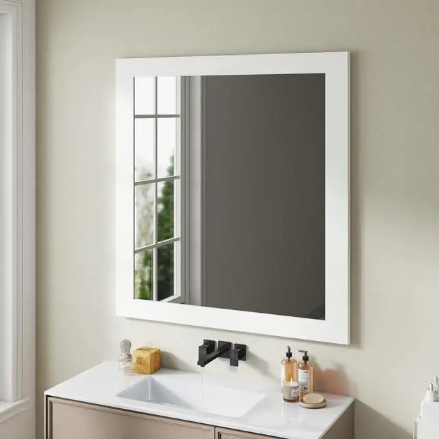 Alt view image 6 of 6 - Revitalize Your Bathroom with This Exquisite 32-inch Square Matte White Mirror!