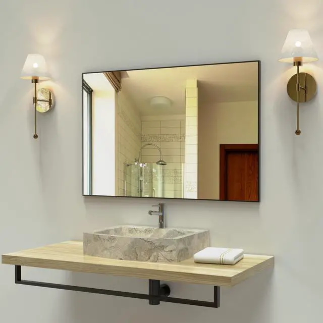 Main image of 36x24 inches Modern Black Bathroom Mirror with Aluminum Frame Vertical or Horizontal Hanging Decorative Wall Mirrors for Living Room Bedroom