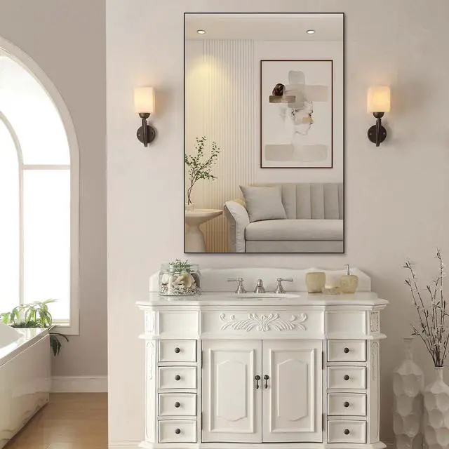 Alt view image 2 of 7 - 48"x32" Oversized Modern Rectangle Bathroom Mirror with Balck Frame Decorative Large Wall Mirrors for Bathroom Living Room Bedroom Vertical or Horizontal Wall Mounted mirror with Aluminum Frame