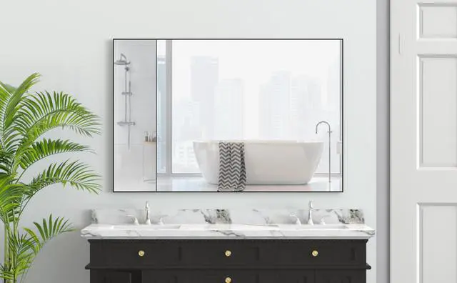Alt view image 3 of 7 - 48"x32" Oversized Modern Rectangle Bathroom Mirror with Balck Frame Decorative Large Wall Mirrors for Bathroom Living Room Bedroom Vertical or Horizontal Wall Mounted mirror with Aluminum Frame