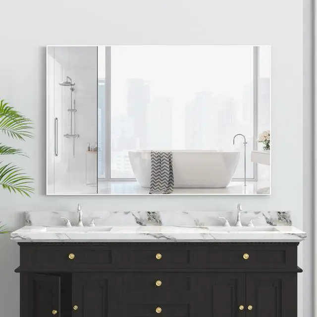 Alt view image 4 of 7 - 48"x32" Oversized Modern Rectangle Bathroom Mirror with White Frame Decorative Large Wall Mirrors for Bathroom Living Room Bedroom Vertical or Horizontal Wall Mounted mirror with Aluminum Frame