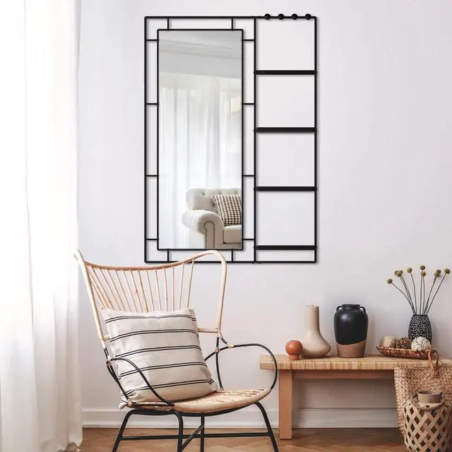 Alt view image 6 of 7 - 30X44 Ines Modern Vanity Mirror with Multi-functional Shelf, Large bathroom Mirror, Black Frame Decoration Mirror, Suitable for Bathroom, Living Room, Bedroom