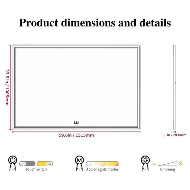 Alt view image 6 of 7 - 60x40 inch Oversized LED Bathroom Mirror Wall Mounted Mirror with 3 Color Modes Aluminum Frame Large Wall Mirror for Bathroom