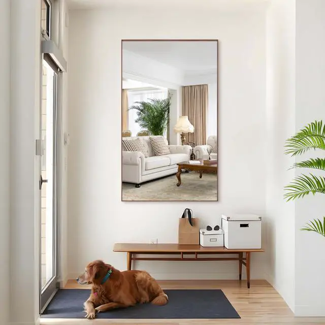 Alt view image 2 of 7 - 60*36" Oversized Modern Rectangle Bathroom Mirror with walnut Frame Decorative Large Wall Mirrors for Bathroom Living Room Bedroom Vertical or Horizontal Wall Mounted mirror with Aluminum Frame
