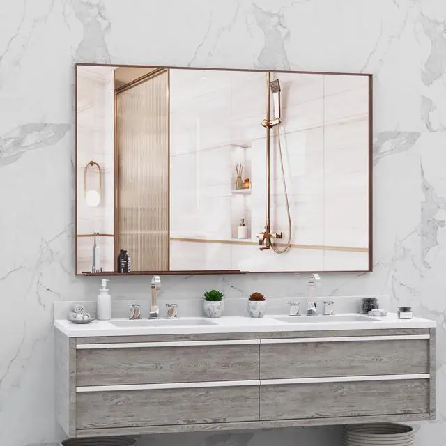 Alt view image 2 of 7 - 60"x40" Oversized Modern Rectangle Bathroom Mirror with walnut Frame Decorative Large Wall Mirrors for Bathroom Living Room Bedroom Vertical or Horizontal Wall Mounted mirror with Aluminum Frame