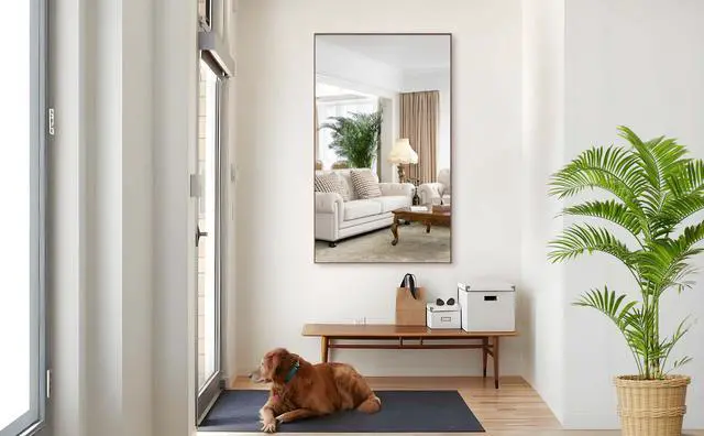 Alt view image 5 of 7 - 60*36" Oversized Modern Rectangle Bathroom Mirror with walnut Frame Decorative Large Wall Mirrors for Bathroom Living Room Bedroom Vertical or Horizontal Wall Mounted mirror with Aluminum Frame