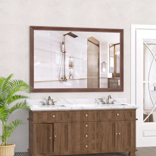 Alt view image 6 of 7 - 60"x40" Oversized Modern Rectangle Bathroom Mirror with walnut Frame Decorative Large Wall Mirrors for Bathroom Living Room Bedroom Vertical or Horizontal Wall Mounted mirror with Aluminum Frame