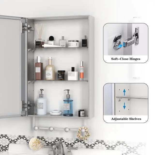 Alt view image 2 of 7 - 16'' x 24'' Medicine Cabinet with Mirror for Bathroom, Wall Mounted Bathroom Mirror with Storage, Adjustable Shelves, Aluminum Framework, Surface Mount Silver