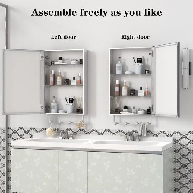 Alt view image 6 of 7 - 16'' x 24'' Medicine Cabinet with Mirror for Bathroom, Wall Mounted Bathroom Mirror with Storage, Adjustable Shelves, Aluminum Framework, Surface Mount Silver