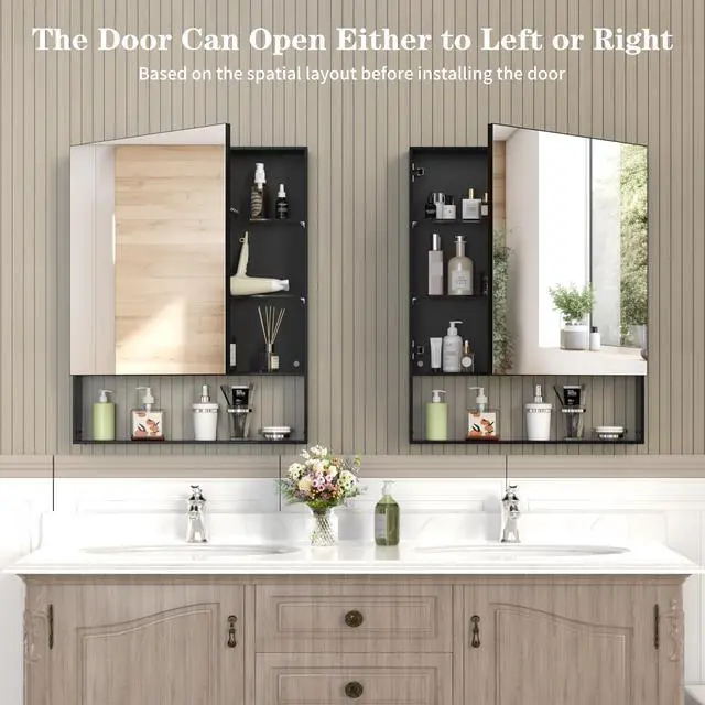 Alt view image 2 of 7 - 24'' x 30'' Medicine Cabinet with Mirror for Bathroom, Wall Mounted Bathroom Mirror with Storage, Adjustable Shelves, Aluminum Framework, Surface Mount Black