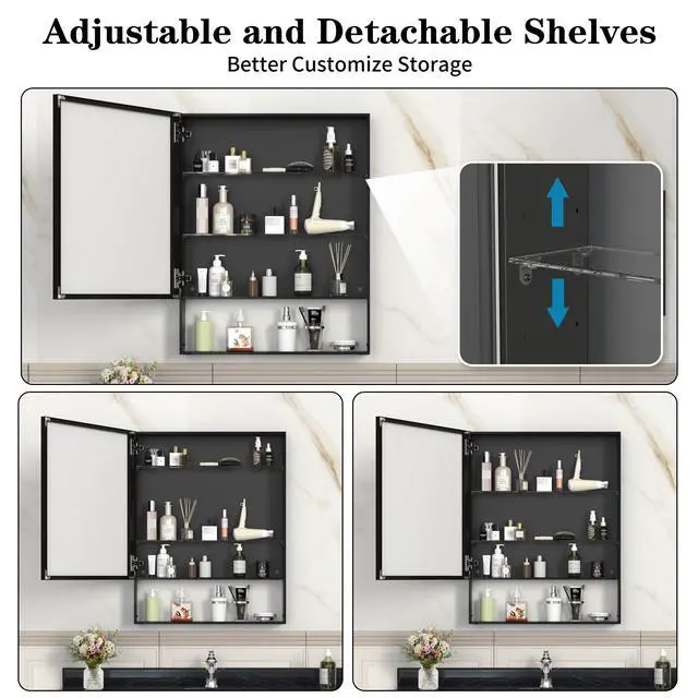 Alt view image 5 of 7 - 24'' x 30'' Medicine Cabinet with Mirror for Bathroom, Wall Mounted Bathroom Mirror with Storage, Adjustable Shelves, Aluminum Framework, Surface Mount Black