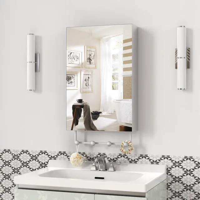 Alt view image 5 of 7 - 16'' x 24'' Medicine Cabinet with Mirror for Bathroom, Wall Mounted Bathroom Mirror with Storage, Adjustable Shelves, Aluminum Framework, Surface Mount Silver