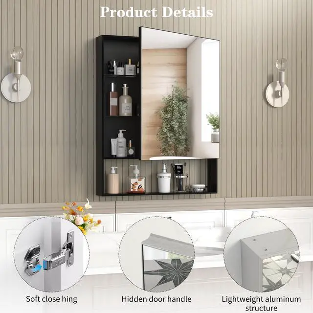 Alt view image 4 of 7 - 24'' x 30'' Medicine Cabinet with Mirror for Bathroom, Wall Mounted Bathroom Mirror with Storage, Adjustable Shelves, Aluminum Framework, Surface Mount Black