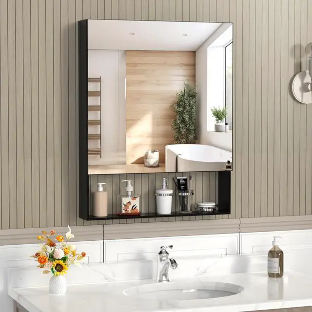 Alt view image 7 of 7 - 24'' x 30'' Medicine Cabinet with Mirror for Bathroom, Wall Mounted Bathroom Mirror with Storage, Adjustable Shelves, Aluminum Framework, Surface Mount Black