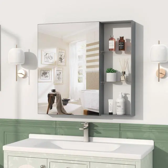 Alt view image 7 of 7 - 30'' x 28'' Medicine Cabinet with Mirror for Bathroom, Wall Mounted Bathroom Mirror with Storage, Adjustable Shelves, Aluminum Framework, Surface Mount Black Brown