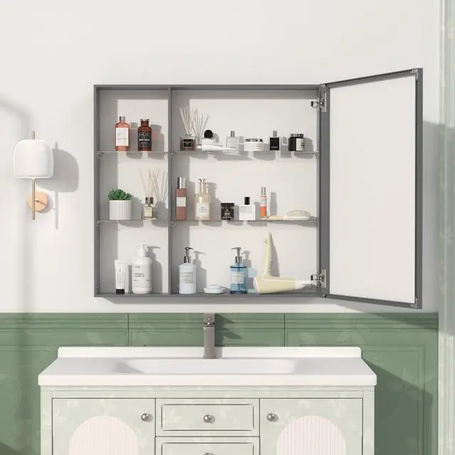 Alt view image 2 of 7 - 30'' x 28'' Medicine Cabinet with Mirror for Bathroom, Wall Mounted Bathroom Mirror with Storage, Adjustable Shelves, Aluminum Framework, Surface Mount Black Brown