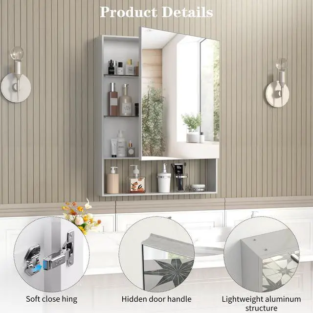 Alt view image 2 of 7 - 24'' x 30'' Medicine Cabinet with Mirror for Bathroom, Wall Mounted Bathroom Mirror with Storage, Adjustable Shelves, Aluminum Framework, Surface Mount Silver