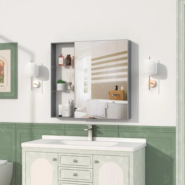 Alt view image 5 of 7 - 30'' x 28'' Medicine Cabinet with Mirror for Bathroom, Wall Mounted Bathroom Mirror with Storage, Adjustable Shelves, Aluminum Framework, Surface Mount Black Brown