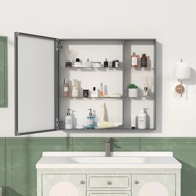 Alt view image 4 of 7 - 30'' x 28'' Medicine Cabinet with Mirror for Bathroom, Wall Mounted Bathroom Mirror with Storage, Adjustable Shelves, Aluminum Framework, Surface Mount Black Brown