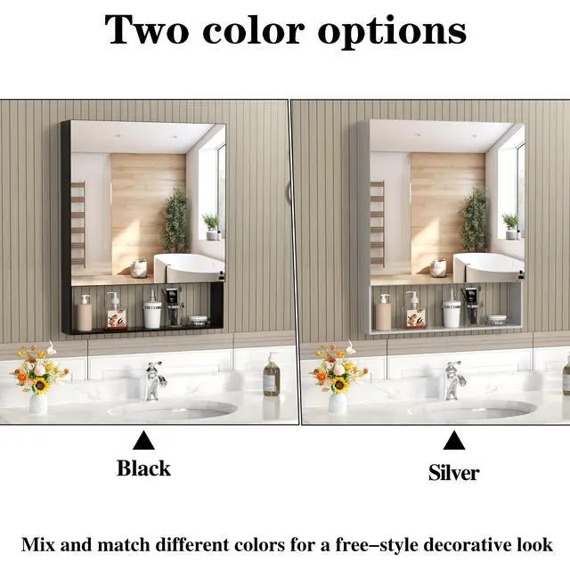 Alt view image 4 of 7 - 24'' x 30'' Medicine Cabinet with Mirror for Bathroom, Wall Mounted Bathroom Mirror with Storage, Adjustable Shelves, Aluminum Framework, Surface Mount Silver