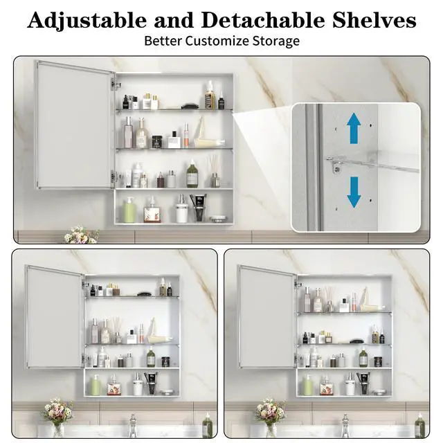 Alt view image 5 of 7 - 24'' x 30'' Medicine Cabinet with Mirror for Bathroom, Wall Mounted Bathroom Mirror with Storage, Adjustable Shelves, Aluminum Framework, Surface Mount Silver