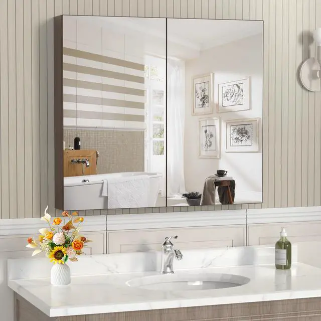 Alt view image 2 of 7 - 32*28Medicine Cabinet with Mirror for Bathroom, Wall Mounted Bathroom Mirror with Storage, Adjustable Shelves, Aluminum Framework, Surface Mount Yellow+Coral
