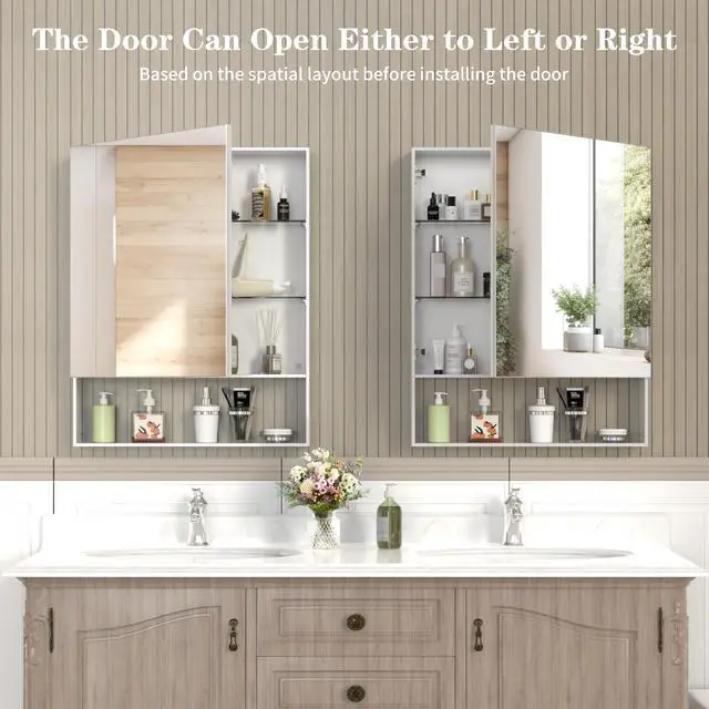 Alt view image 7 of 7 - 24'' x 30'' Medicine Cabinet with Mirror for Bathroom, Wall Mounted Bathroom Mirror with Storage, Adjustable Shelves, Aluminum Framework, Surface Mount Silver