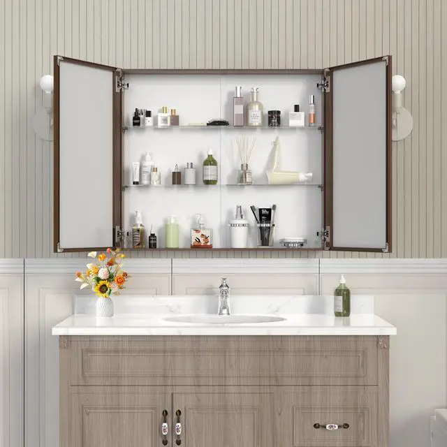 Alt view image 4 of 7 - 32*28Medicine Cabinet with Mirror for Bathroom, Wall Mounted Bathroom Mirror with Storage, Adjustable Shelves, Aluminum Framework, Surface Mount Yellow+Coral
