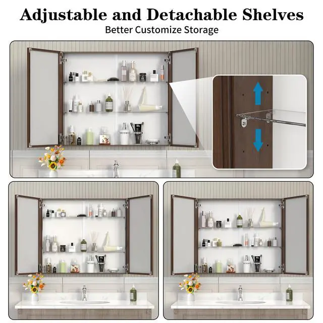 Alt view image 7 of 7 - 32*28Medicine Cabinet with Mirror for Bathroom, Wall Mounted Bathroom Mirror with Storage, Adjustable Shelves, Aluminum Framework, Surface Mount Yellow+Coral