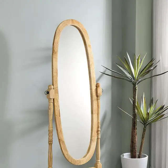 Alt view image 2 of 5 - 59.25" Tall Standing Wooden Floor Mirror with Natural finish, Oval Shape