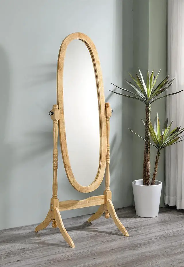 Alt view image 3 of 5 - 59.25" Tall Standing Wooden Floor Mirror with Natural finish, Oval Shape