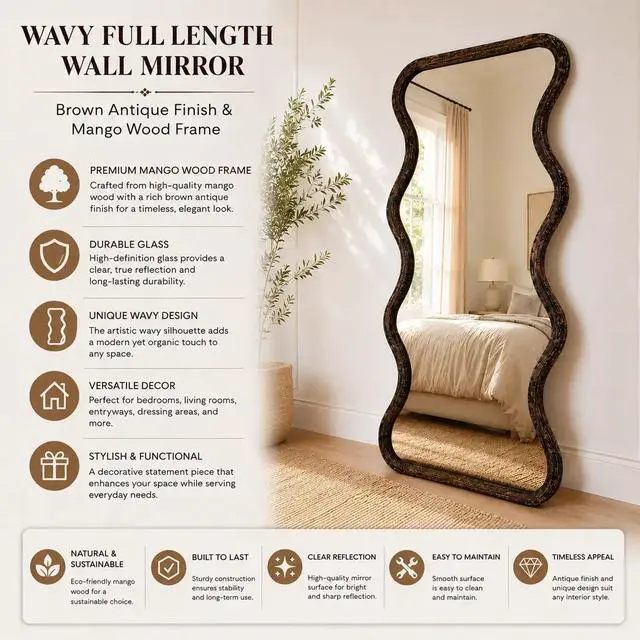 Alt view image 3 of 5 - Wavy Full Length Wall Mirror with Mango Wood Frame, 36x72"