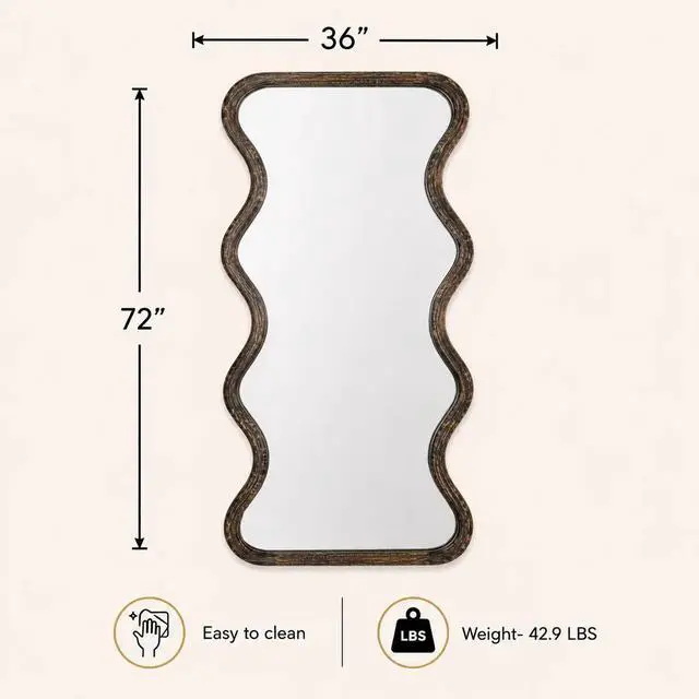 Alt view image 5 of 5 - Wavy Full Length Wall Mirror with Mango Wood Frame, 36x72"