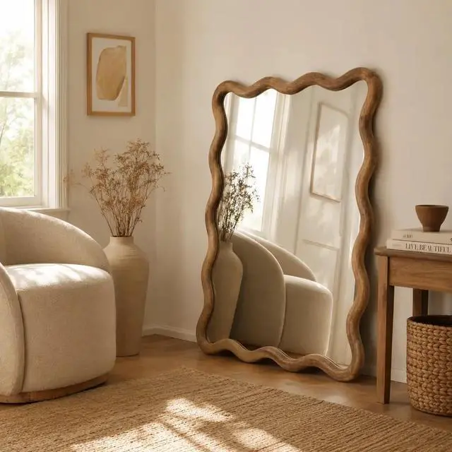 Main image of Decorative Wavy Wall Mirror with Mango Wood Frame, 36x48"