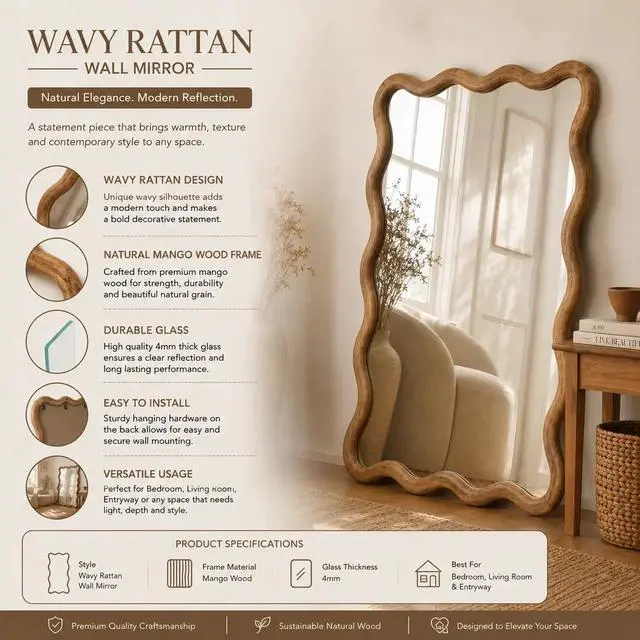 Alt view image 3 of 5 - Decorative Wavy Wall Mirror with Mango Wood Frame, 36x48"