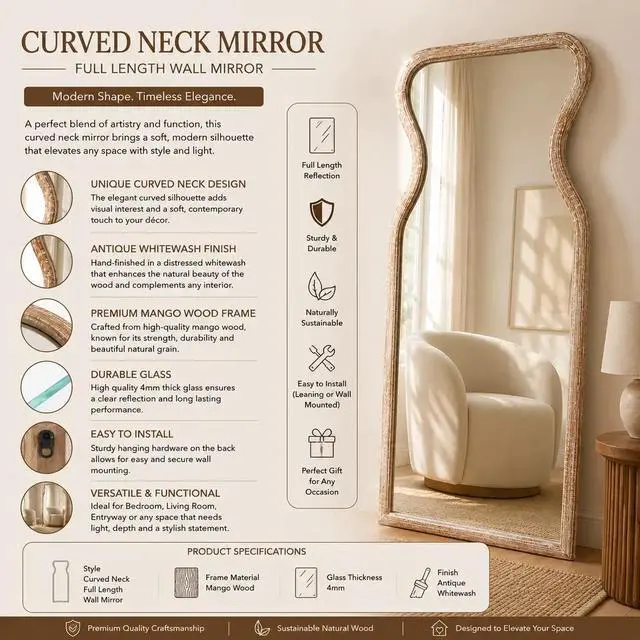 Alt view image 4 of 5 - Decorative Full Length Wall Mirror with Mango Wood Frame 70"