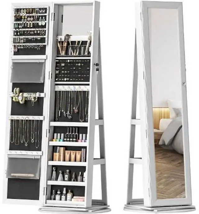 Alt view image 2 of 7 - Lockable Jewelry Cabinet Mirror,360° Swivel Full-Length Mirror,with Storage Shelves