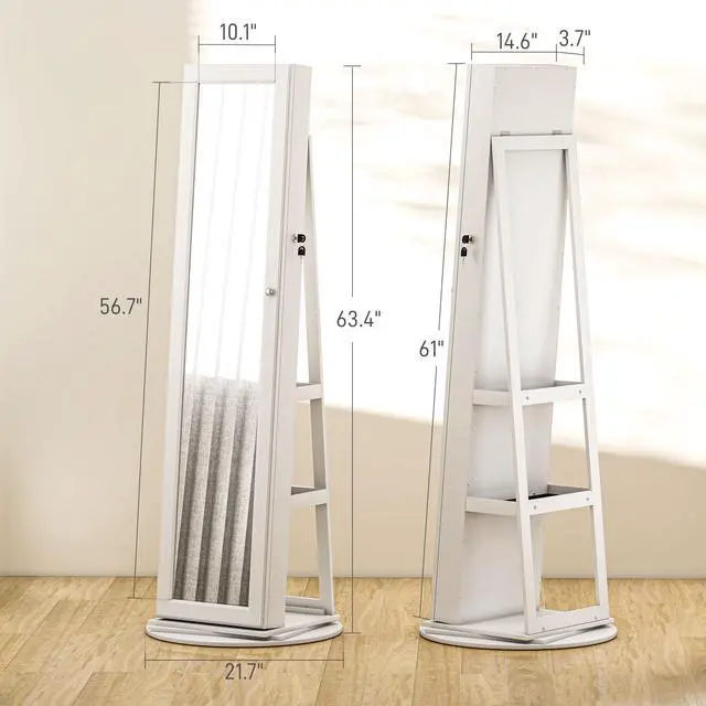 Alt view image 3 of 7 - Lockable Jewelry Cabinet Mirror,360° Swivel Full-Length Mirror,with Storage Shelves