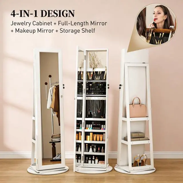 Alt view image 6 of 7 - Lockable Jewelry Cabinet Mirror,360° Swivel Full-Length Mirror,with Storage Shelves