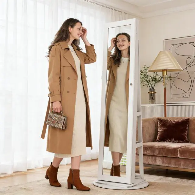 Alt view image 7 of 7 - Lockable Jewelry Cabinet Mirror,360° Swivel Full-Length Mirror,with Storage Shelves