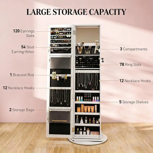 Alt view image 5 of 7 - Lockable Jewelry Cabinet Mirror,360° Swivel Full-Length Mirror,with Storage Shelves