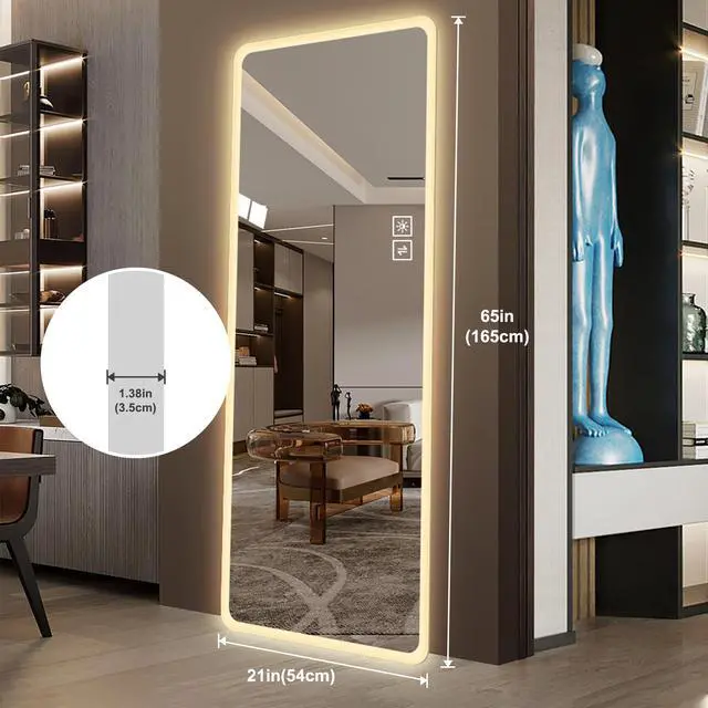 Alt view image 3 of 7 - Full Length Mirror Lighted Vanity Body Mirror LED Mirror Wall-Mounted Mirror Big Size Rounded Corners, Bedroom,Living Room,Dressing Room Hotel